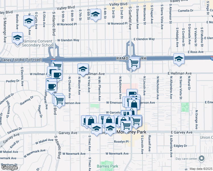 map of restaurants, bars, coffee shops, grocery stores, and more near 517 North Huntington Avenue in Monterey Park
