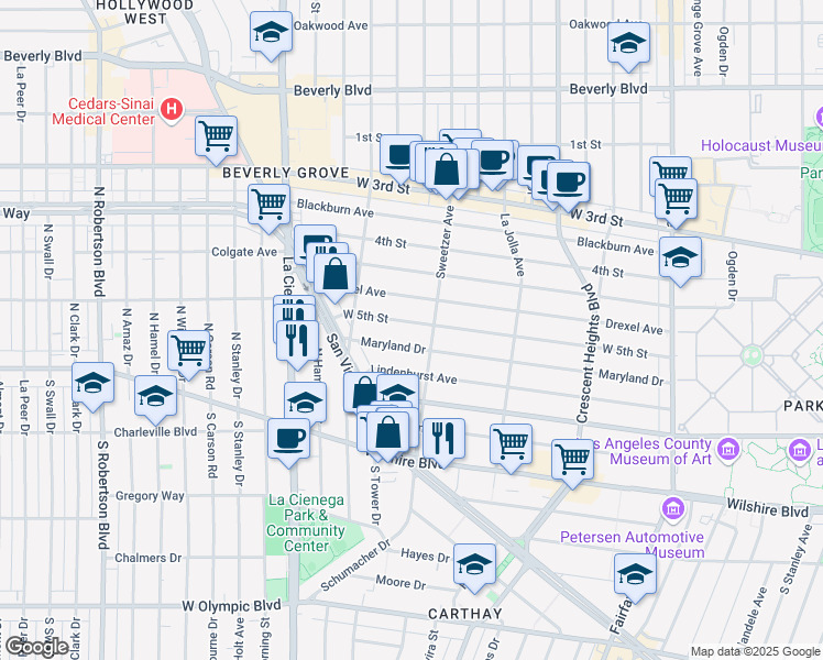 map of restaurants, bars, coffee shops, grocery stores, and more near 6601 Maryland Drive in West Hollywood