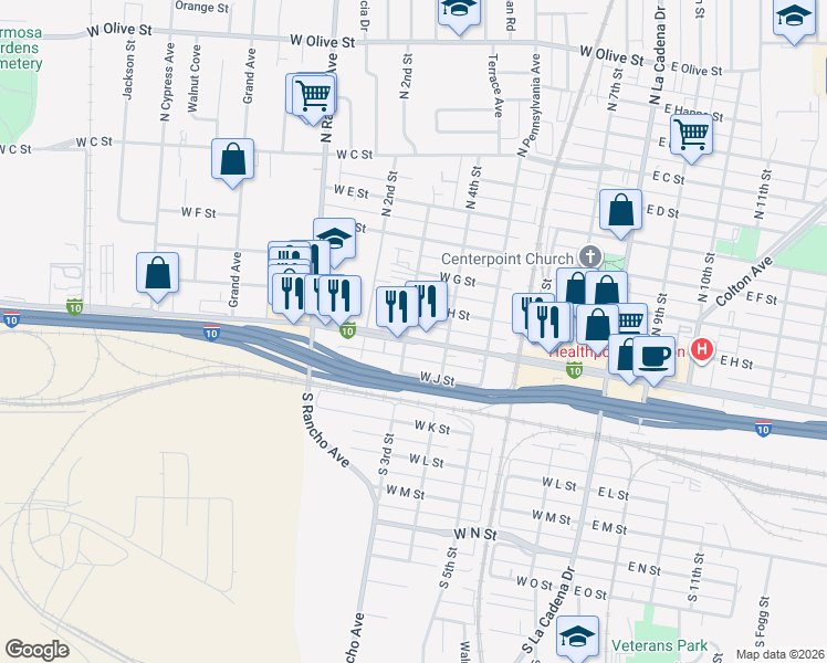 map of restaurants, bars, coffee shops, grocery stores, and more near 595 East Valley Boulevard in Colton