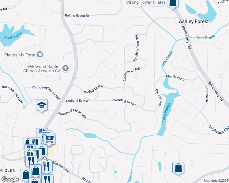map of restaurants, bars, coffee shops, grocery stores, and more near 1157 Norfolk Drive Northwest in Acworth