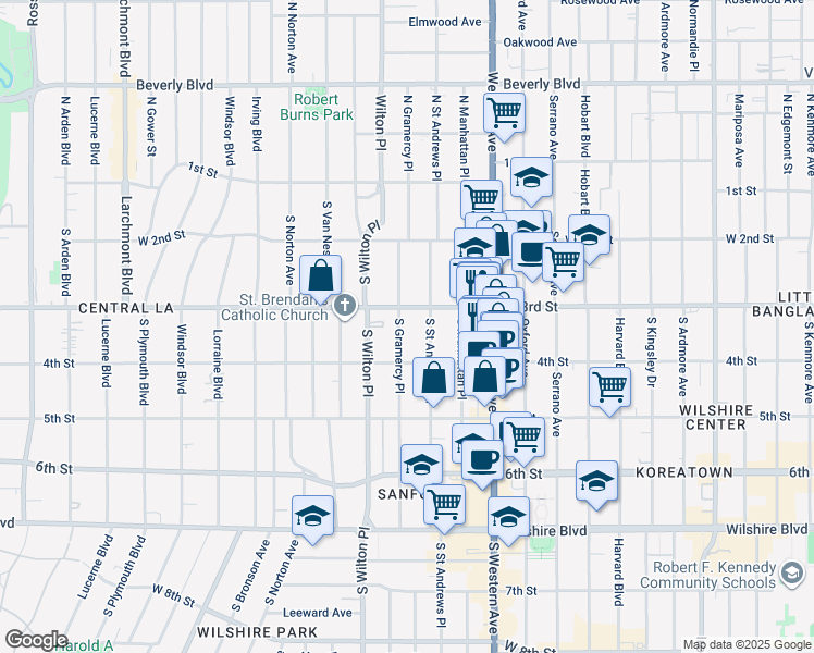 map of restaurants, bars, coffee shops, grocery stores, and more near 320 South Gramercy Place in Los Angeles