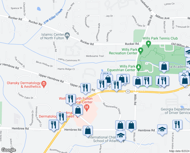map of restaurants, bars, coffee shops, grocery stores, and more near 1400 Bellsmith Drive in Roswell