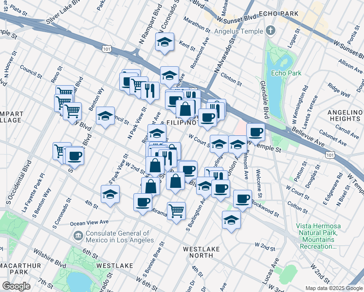map of restaurants, bars, coffee shops, grocery stores, and more near 214 North Alvarado Street in Los Angeles