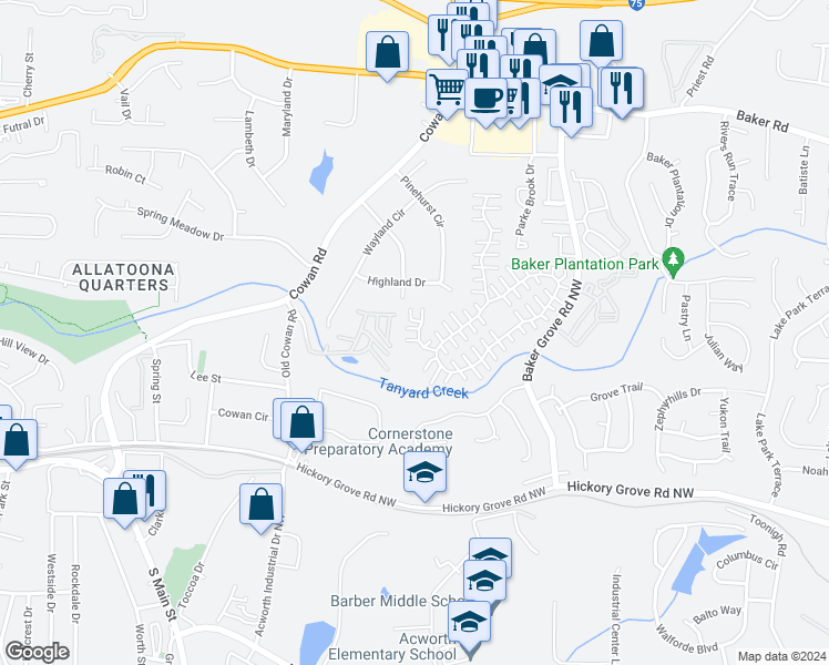 map of restaurants, bars, coffee shops, grocery stores, and more near 160 Windcroft Court Northwest in Acworth