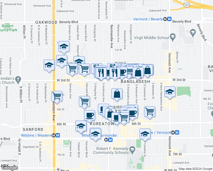 map of restaurants, bars, coffee shops, grocery stores, and more near 320 South Ardmore Avenue in Los Angeles