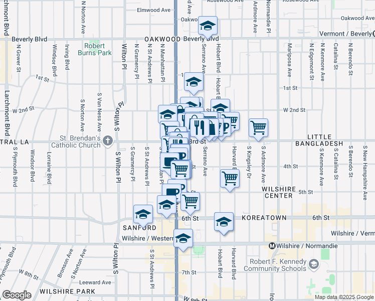 map of restaurants, bars, coffee shops, grocery stores, and more near 321 South Oxford Avenue in Los Angeles
