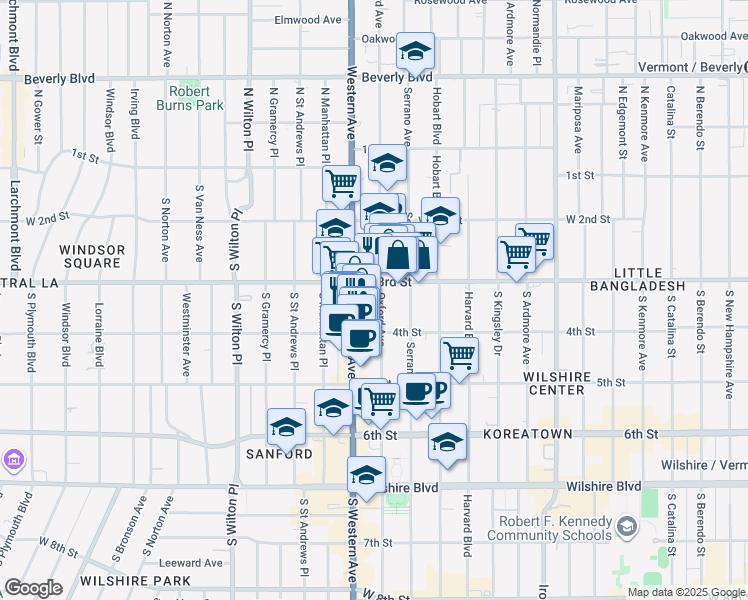 map of restaurants, bars, coffee shops, grocery stores, and more near 321 South Oxford Avenue in Los Angeles