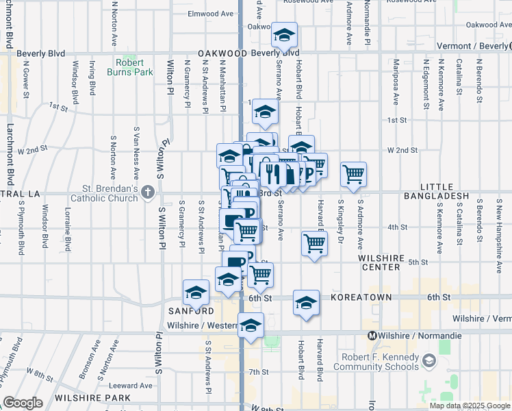 map of restaurants, bars, coffee shops, grocery stores, and more near 321 South Oxford Avenue in Los Angeles