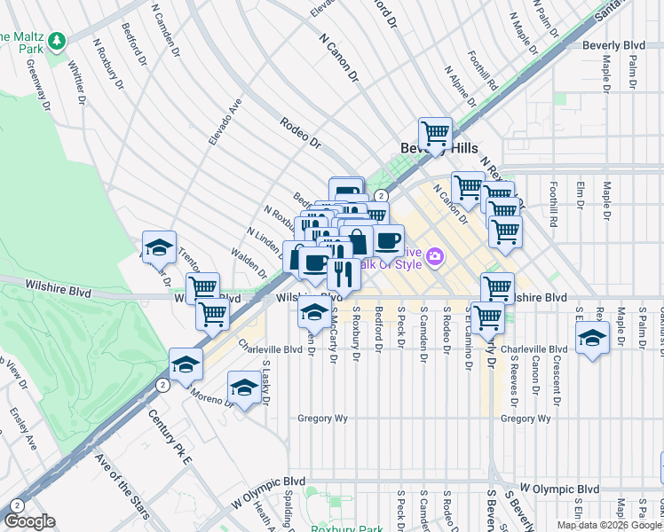 map of restaurants, bars, coffee shops, grocery stores, and more near 450 North Roxbury Drive in Beverly Hills