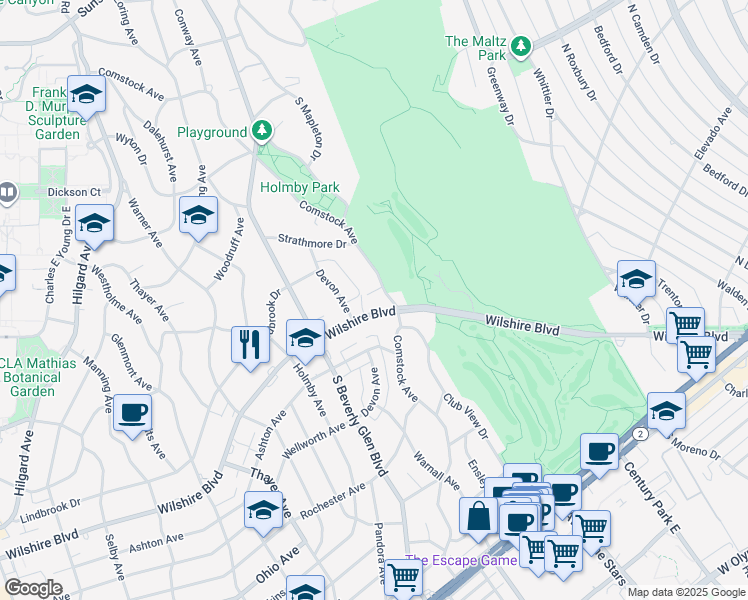 map of restaurants, bars, coffee shops, grocery stores, and more near 875 Comstock Avenue in Los Angeles