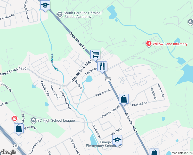 map of restaurants, bars, coffee shops, grocery stores, and more near 1224 Grove Park Lane in Columbia