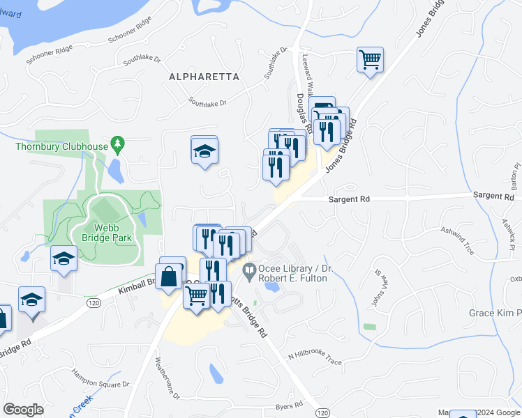 map of restaurants, bars, coffee shops, grocery stores, and more near 5240 Wellsley Bend in Alpharetta
