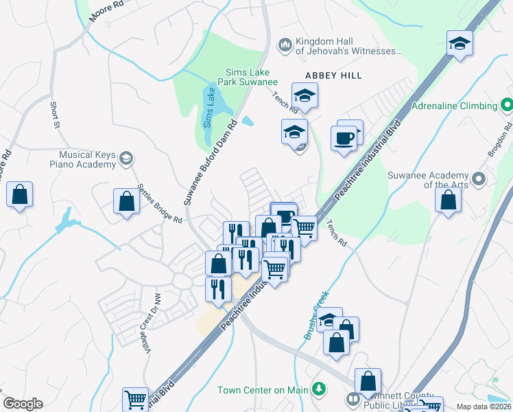 map of restaurants, bars, coffee shops, grocery stores, and more near 326 Barbados Lane in Suwanee