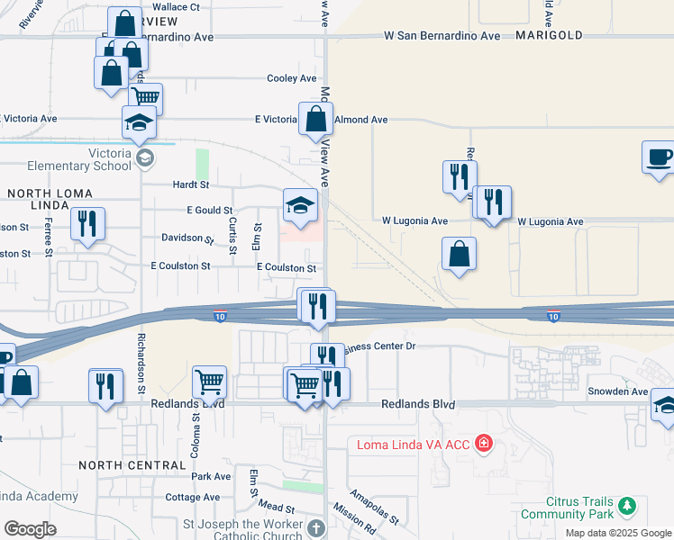 map of restaurants, bars, coffee shops, grocery stores, and more near 1865 Mountain View Avenue in Loma Linda