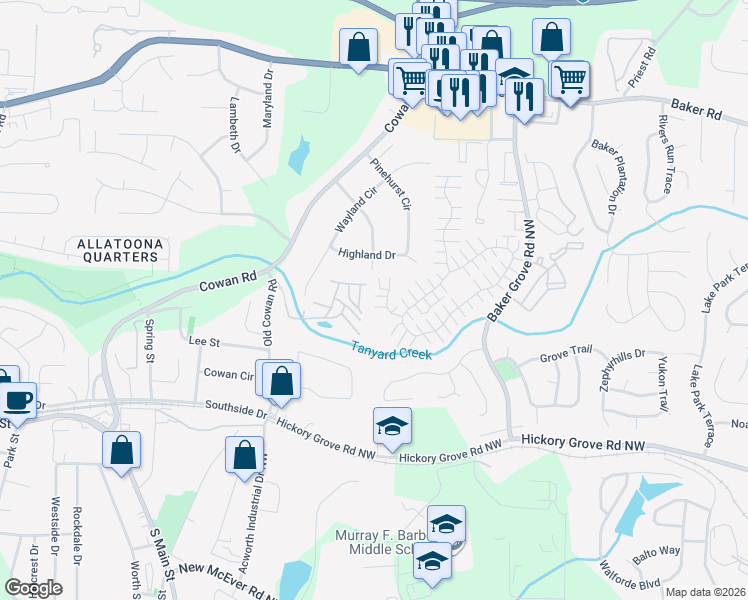 map of restaurants, bars, coffee shops, grocery stores, and more near 164 Windcroft Court Northwest in Acworth