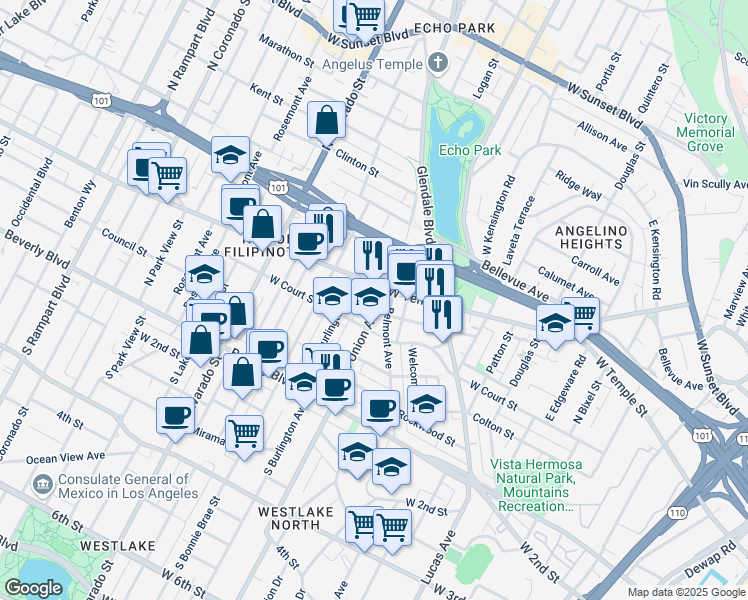 map of restaurants, bars, coffee shops, grocery stores, and more near 1717 West Court Street in Los Angeles