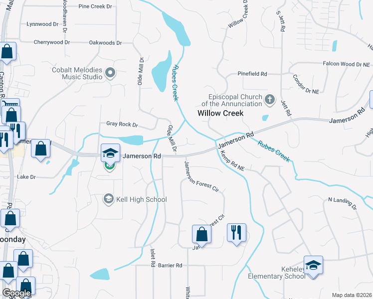 map of restaurants, bars, coffee shops, grocery stores, and more near 1520 Olde Mill Court in Marietta
