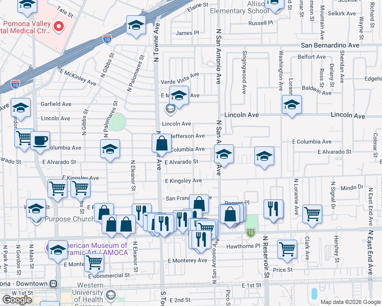 map of restaurants, bars, coffee shops, grocery stores, and more near 696 East Columbia Avenue in Pomona