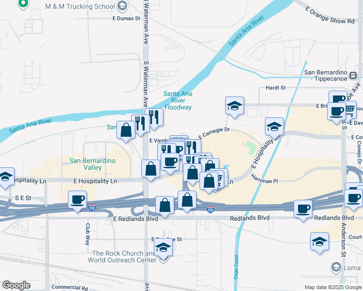map of restaurants, bars, coffee shops, grocery stores, and more near 451 East Vanderbilt Way in San Bernardino