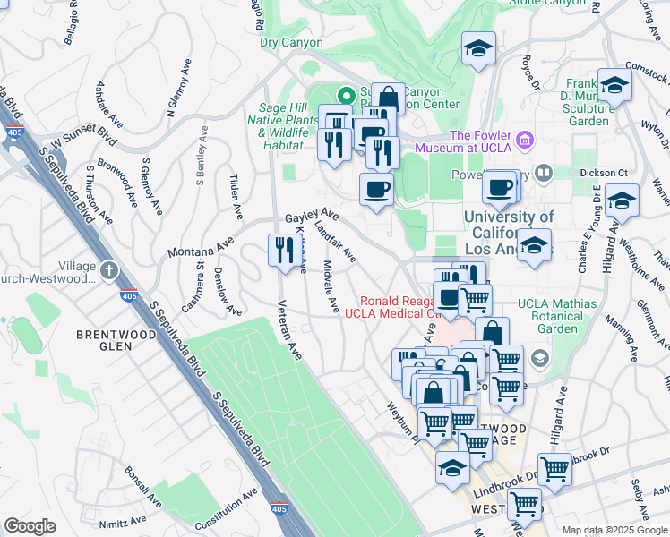 map of restaurants, bars, coffee shops, grocery stores, and more near 11021 Ophir Drive in Los Angeles