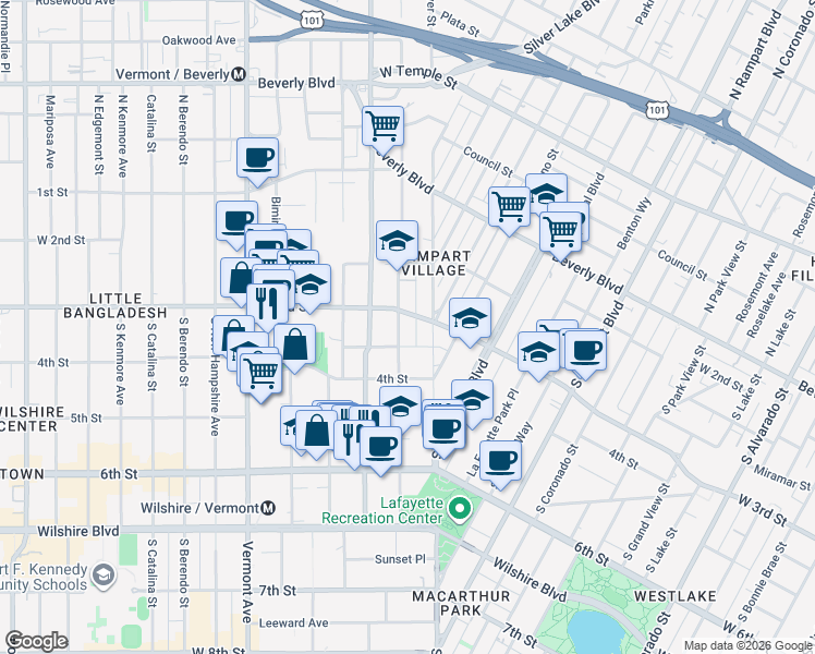map of restaurants, bars, coffee shops, grocery stores, and more near 312 South Commonwealth Avenue in Los Angeles
