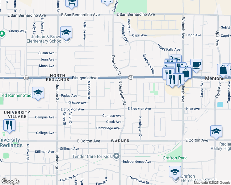 map of restaurants, bars, coffee shops, grocery stores, and more near 1210 Country Place in Redlands