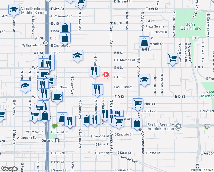 map of restaurants, bars, coffee shops, grocery stores, and more near in Ontario