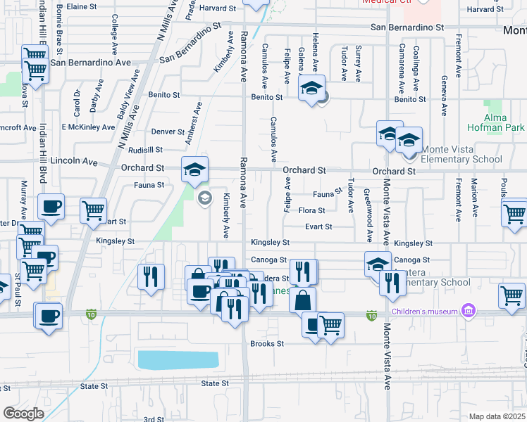map of restaurants, bars, coffee shops, grocery stores, and more near 4521 Flora Street in Montclair