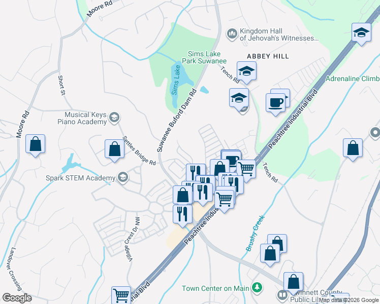 map of restaurants, bars, coffee shops, grocery stores, and more near 4379 Tacoma Trace in Suwanee
