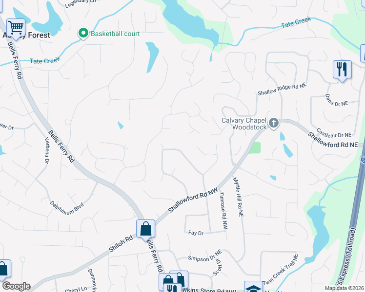 map of restaurants, bars, coffee shops, grocery stores, and more near 4741 North Springs Road Northwest in Kennesaw