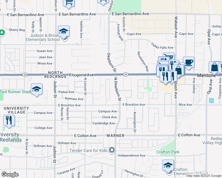 map of restaurants, bars, coffee shops, grocery stores, and more near 1210 Country Place in Redlands
