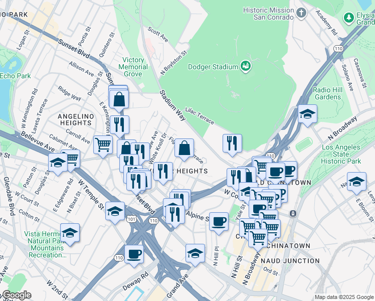 map of restaurants, bars, coffee shops, grocery stores, and more near Figueroa Terrace in Los Angeles