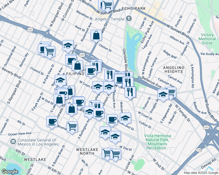 map of restaurants, bars, coffee shops, grocery stores, and more near 333 North Union Avenue in Los Angeles