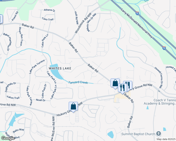 map of restaurants, bars, coffee shops, grocery stores, and more near 2949 Spotted Pony Court Northwest in Acworth