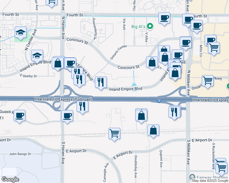 map of restaurants, bars, coffee shops, grocery stores, and more near 3990 Inland Empire Boulevard in Ontario
