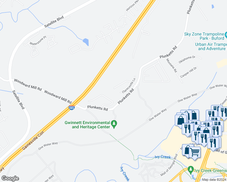 map of restaurants, bars, coffee shops, grocery stores, and more near 3638 Clarecastle Drive in Buford