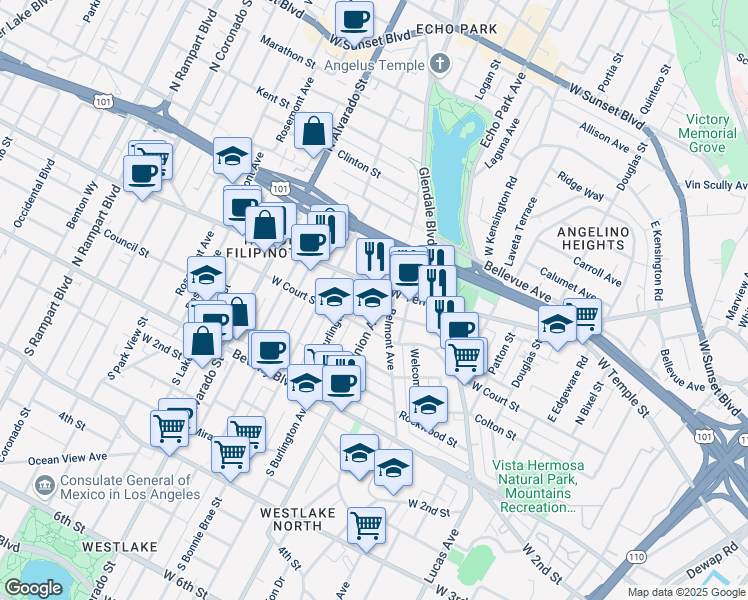 map of restaurants, bars, coffee shops, grocery stores, and more near 333 North Union Avenue in Los Angeles