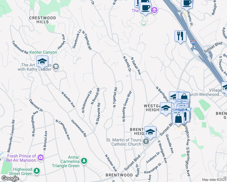map of restaurants, bars, coffee shops, grocery stores, and more near 491 North Tigertail Road in Los Angeles
