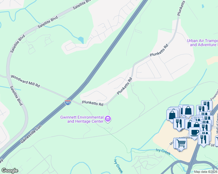 map of restaurants, bars, coffee shops, grocery stores, and more near 3628 Clarecastle Drive in Buford