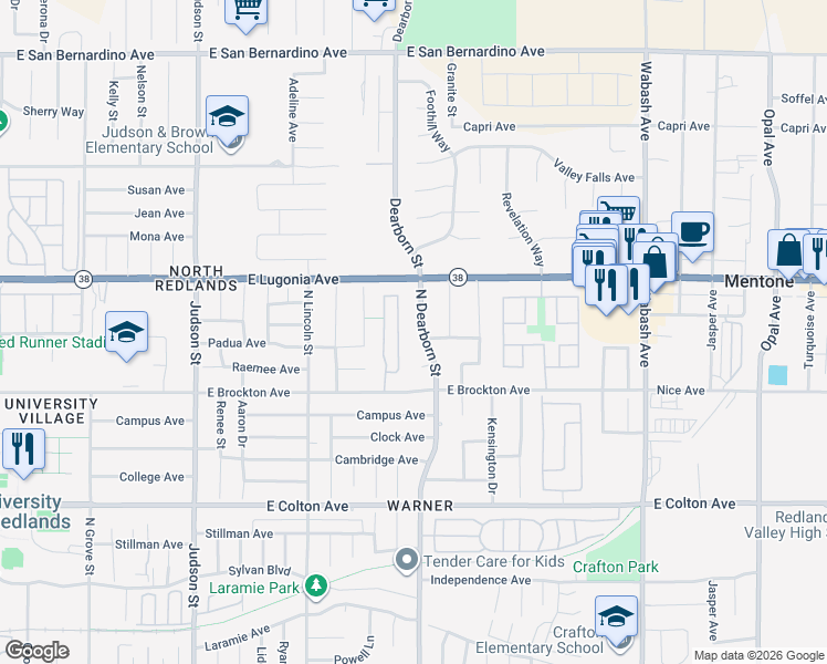 map of restaurants, bars, coffee shops, grocery stores, and more near 1205 North Dearborn Street in Redlands