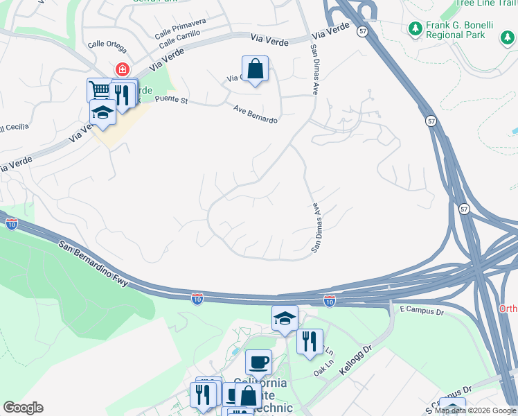 map of restaurants, bars, coffee shops, grocery stores, and more near 2310 Calle Agata in San Dimas