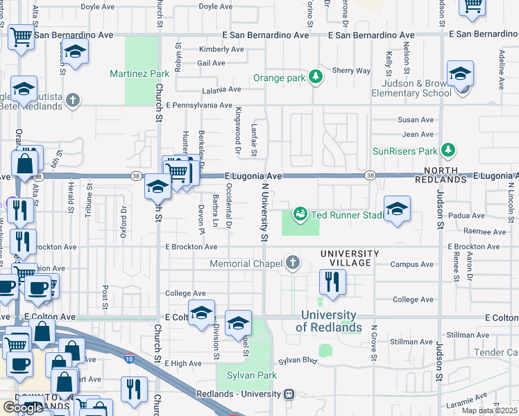 map of restaurants, bars, coffee shops, grocery stores, and more near 1205 North University Street in Redlands