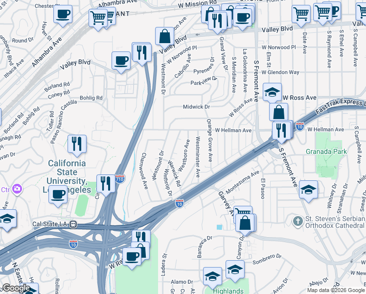 map of restaurants, bars, coffee shops, grocery stores, and more near 2133 Westboro Avenue in Alhambra