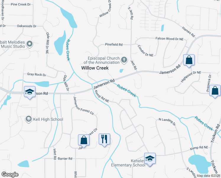 map of restaurants, bars, coffee shops, grocery stores, and more near 1763 Rockwater Road in Marietta