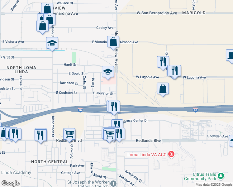 map of restaurants, bars, coffee shops, grocery stores, and more near 1865 Mountain View Avenue in Loma Linda