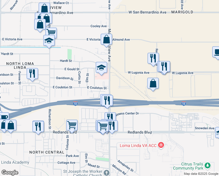 map of restaurants, bars, coffee shops, grocery stores, and more near 1070 Mountain View Avenue in Redlands