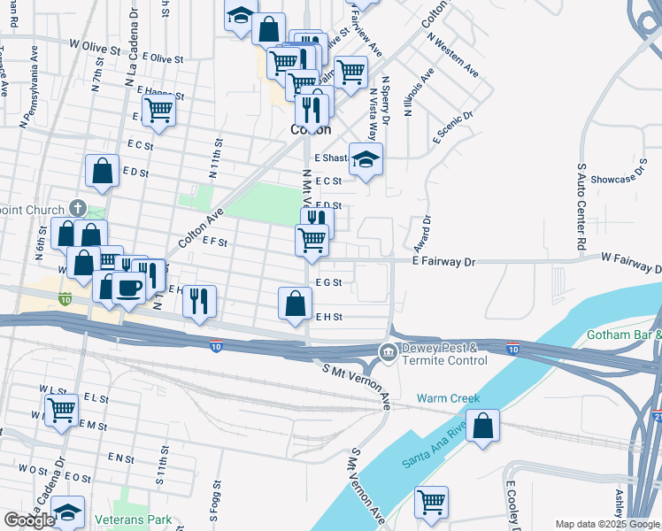 map of restaurants, bars, coffee shops, grocery stores, and more near 871 East G Street in Colton