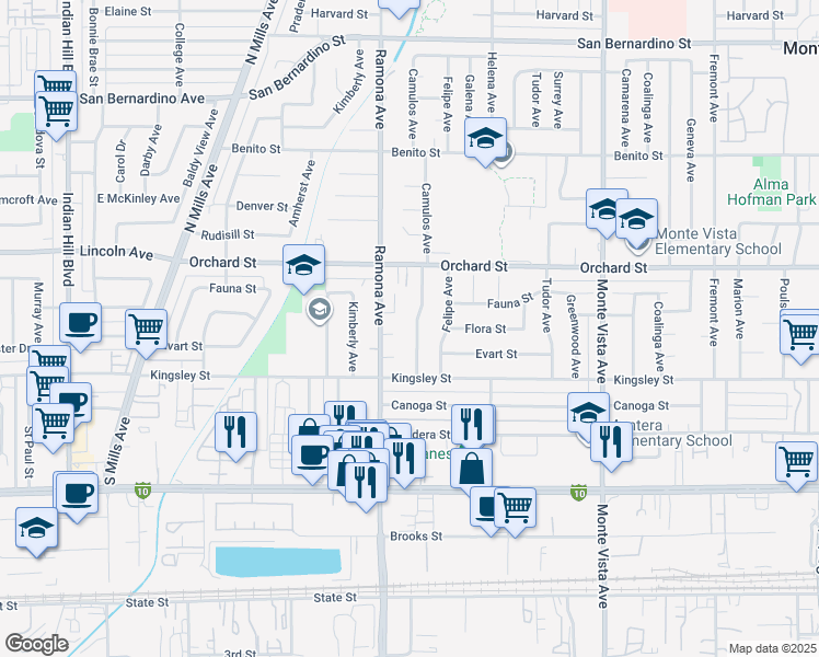 map of restaurants, bars, coffee shops, grocery stores, and more near 4521 Flora Street in Montclair