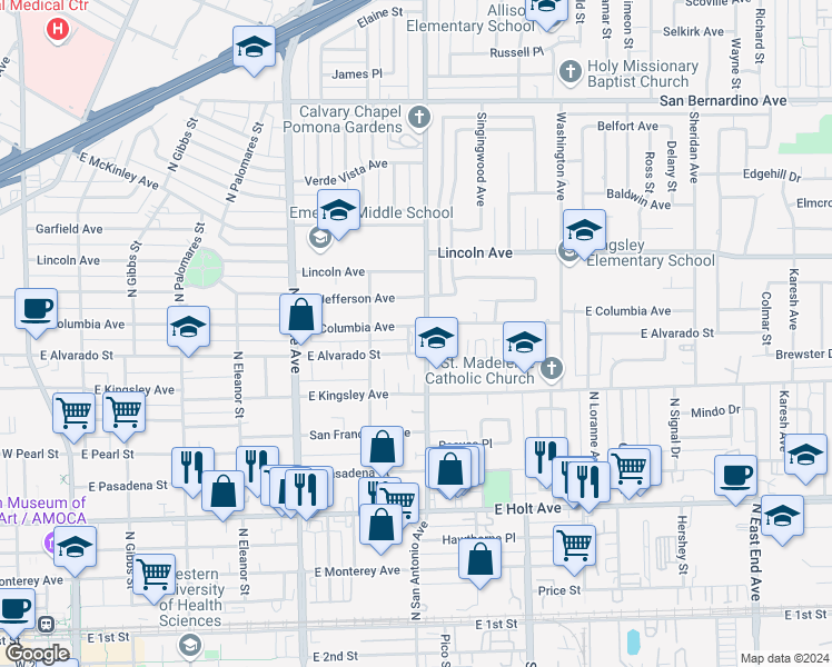 map of restaurants, bars, coffee shops, grocery stores, and more near 901 North San Antonio Avenue in Pomona