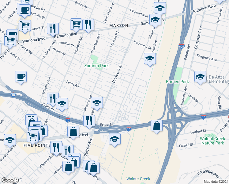 map of restaurants, bars, coffee shops, grocery stores, and more near 3620 Durfee Avenue in El Monte